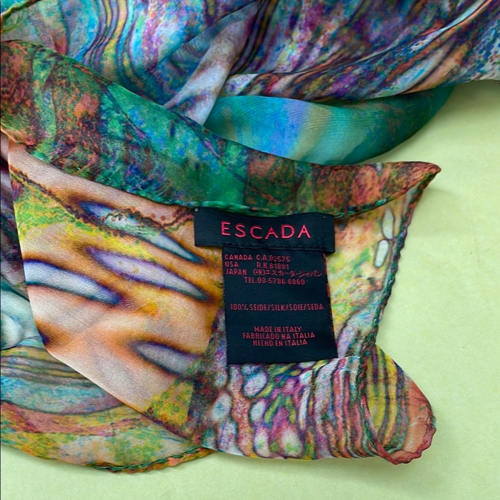 Vintage Escada Multicolored Artistic Hand Painted Silk Scarf/Wrap - Picture 13 of 13